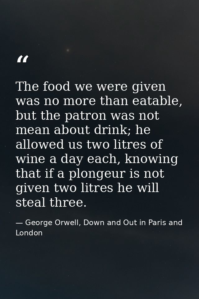 The food we were given was no more than eatable, but the patron was not mean about drink; he allowed us two litres of wi — George Orwell, Down and Out in Paris and London