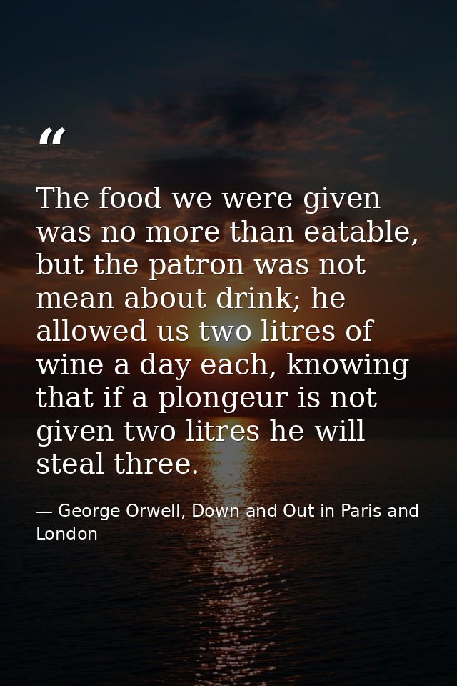 The food we were given was no more than eatable, but the patron was not mean about drink; he allowed us two litres of wi — George Orwell, Down and Out in Paris and London