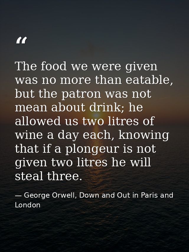 The food we were given was no more than eatable, but the patron was not mean about drink; he allowed us two litres of wi — George Orwell, Down and Out in Paris and London