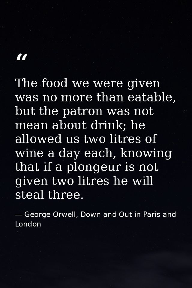 The food we were given was no more than eatable, but the patron was not mean about drink; he allowed us two litres of wi — George Orwell, Down and Out in Paris and London