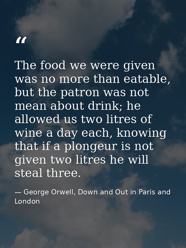 The food we were given was no more than eatable, but the patron was not mean about drink; he allowed us two litres of wi — George Orwell, Down and Out in Paris and London