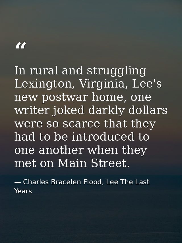 In rural and struggling Lexington, Virginia, Lee's new postwar home, one writer joked darkly dollars were so scarce that — Charles Bracelen Flood, Lee The Last Years