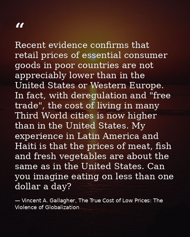 Recent evidence confirms that retail prices of essential consumer goods in poor countries are not appreciably lower than — Vincent A. Gallagher, The True Cost of Low Prices: The Violence of Globalization