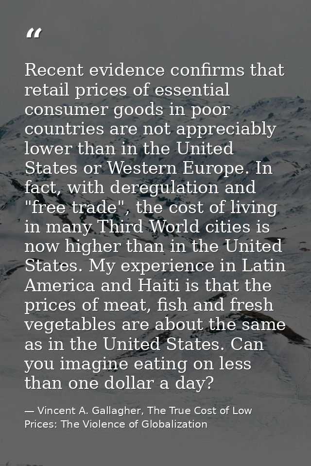 Recent evidence confirms that retail prices of essential consumer goods in poor countries are not appreciably lower than — Vincent A. Gallagher, The True Cost of Low Prices: The Violence of Globalization