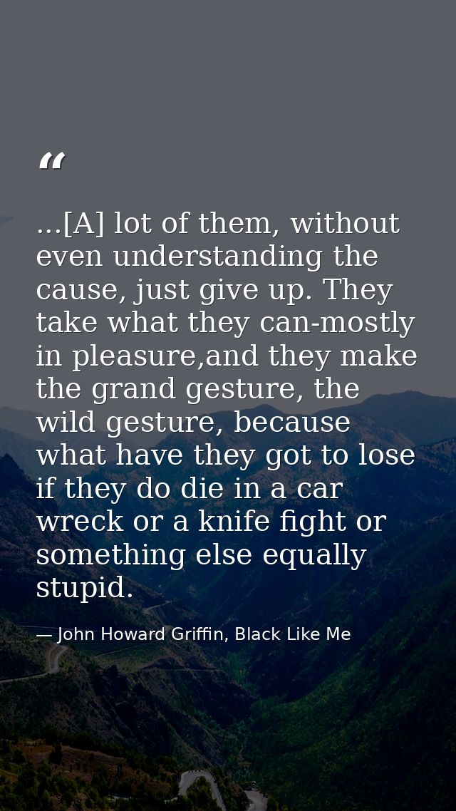 ...[A] lot of them, without even understanding the cause, just give up. They take what they can-mostly in pleasure,and t — John Howard Griffin, Black Like Me