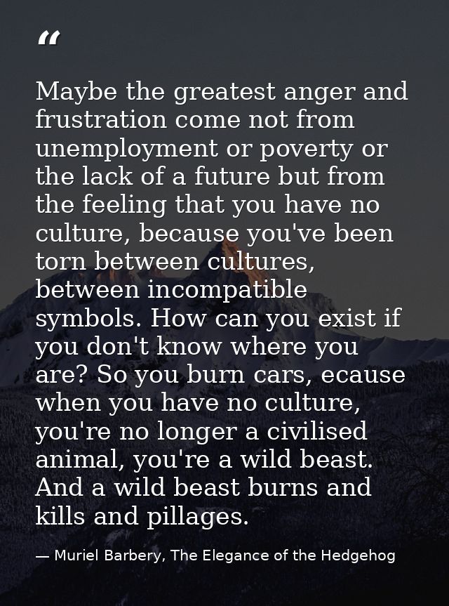 Maybe the greatest anger and frustration come not from unemployment or poverty or the lack of a future but from the feel — Muriel Barbery, The Elegance of the Hedgehog