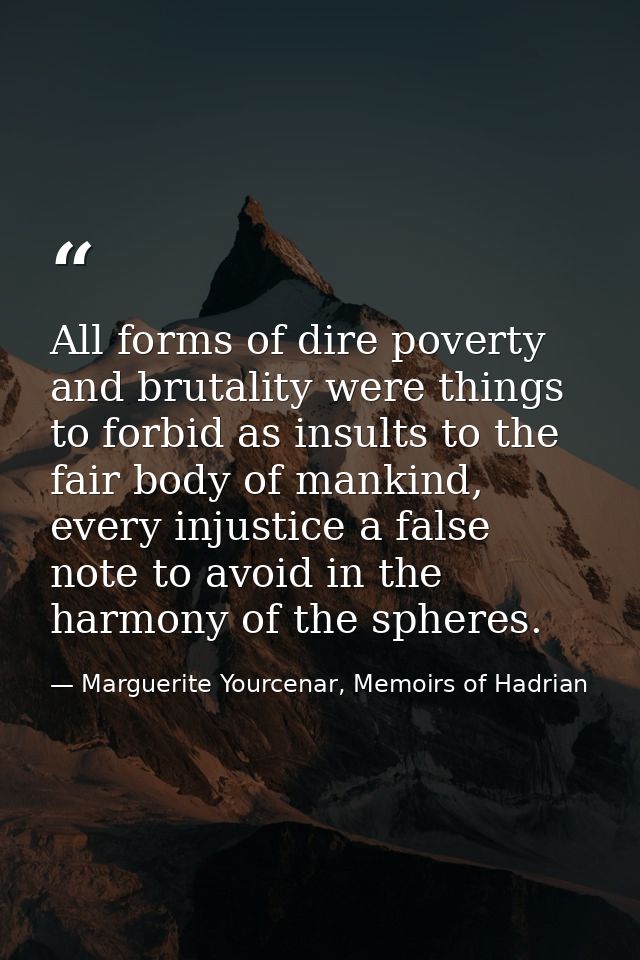 All forms of dire poverty and brutality were things to forbid as insults to the fair body of mankind, every injustice a  — Marguerite Yourcenar, Memoirs of Hadrian