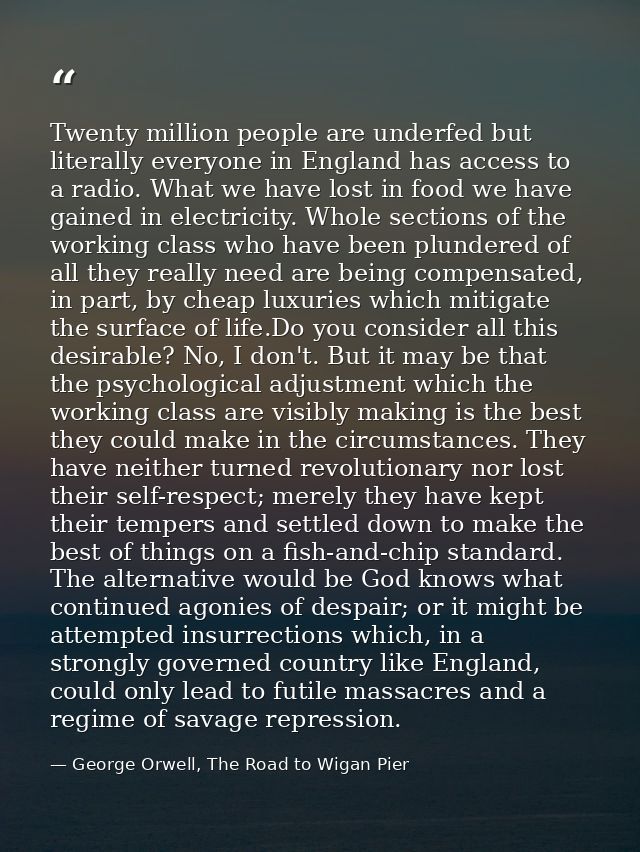 Twenty million people are underfed but literally everyone in England has access to a radio. What we have lost in food we — George Orwell, The Road to Wigan Pier
