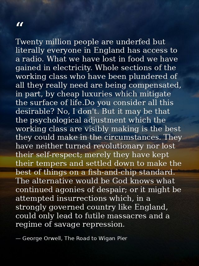 Twenty million people are underfed but literally everyone in England has access to a radio. What we have lost in food we — George Orwell, The Road to Wigan Pier