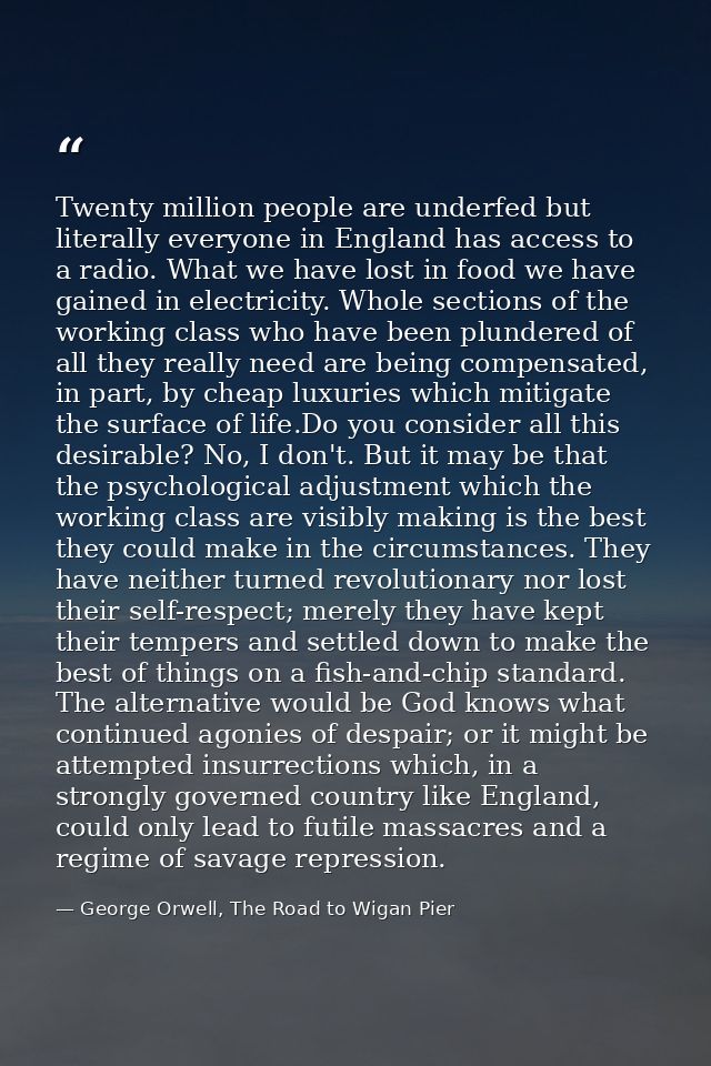 Twenty million people are underfed but literally everyone in England has access to a radio. What we have lost in food we — George Orwell, The Road to Wigan Pier