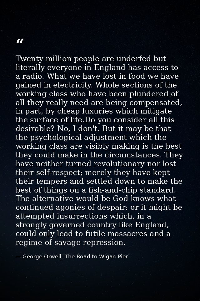 Twenty million people are underfed but literally everyone in England has access to a radio. What we have lost in food we — George Orwell, The Road to Wigan Pier