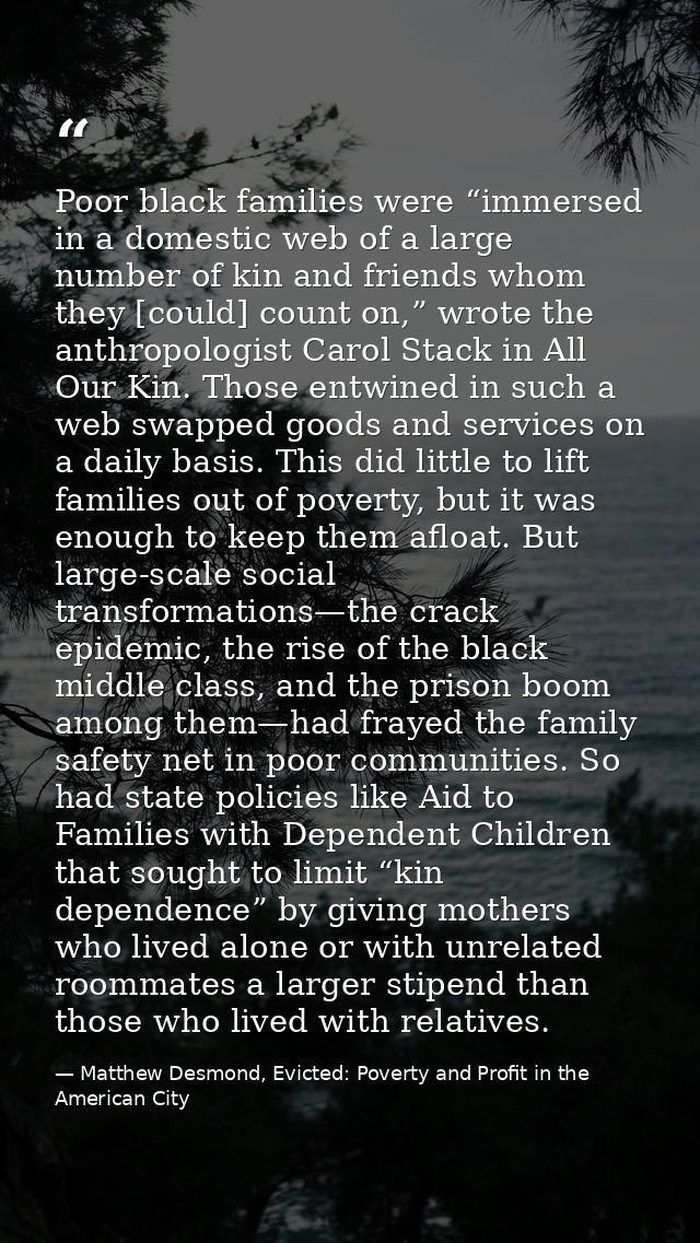 Poor black families were “immersed in a domestic web of a large number of kin and friends whom they [could] count on,” w — Matthew Desmond, Evicted: Poverty and Profit in the American City