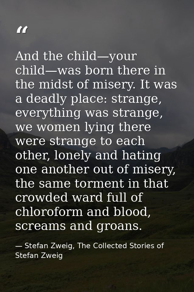 And the child—your child—was born there in the midst of misery. It was a deadly place: strange, everything was strange,  — Stefan Zweig, The Collected Stories of Stefan Zweig