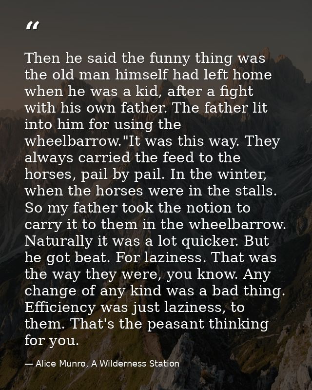 Then he said the funny thing was the old man himself had left home when he was a kid, after a fight with his own father. — Alice Munro, A Wilderness Station