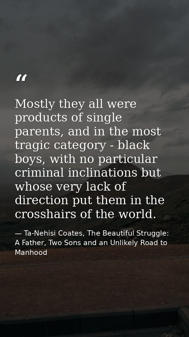 Mostly they all were products of single parents, and in the most tragic category - black boys, with no particular crimin — Ta-Nehisi Coates, The Beautiful Struggle: A Father, Two Sons and an Unlikely Road to Manhood
