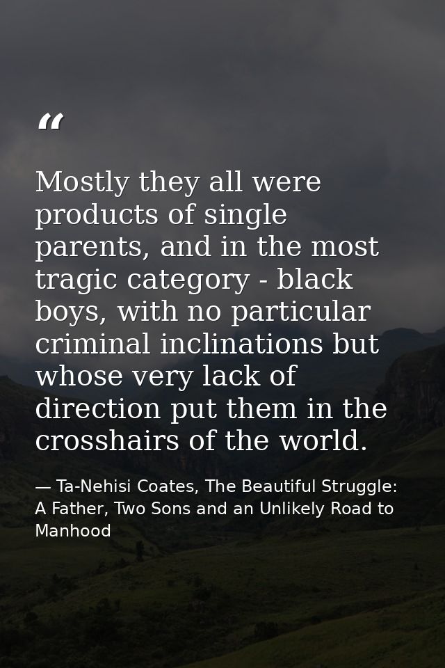 Mostly they all were products of single parents, and in the most tragic category - black boys, with no particular crimin — Ta-Nehisi Coates, The Beautiful Struggle: A Father, Two Sons and an Unlikely Road to Manhood