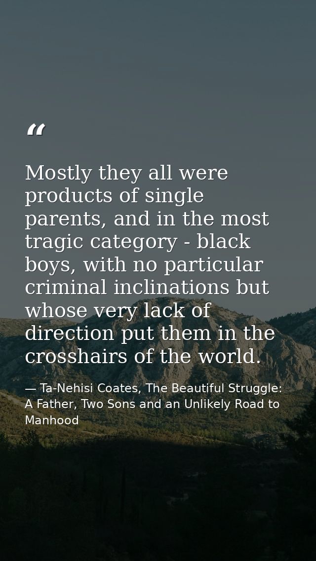 Mostly they all were products of single parents, and in the most tragic category - black boys, with no particular crimin — Ta-Nehisi Coates, The Beautiful Struggle: A Father, Two Sons and an Unlikely Road to Manhood