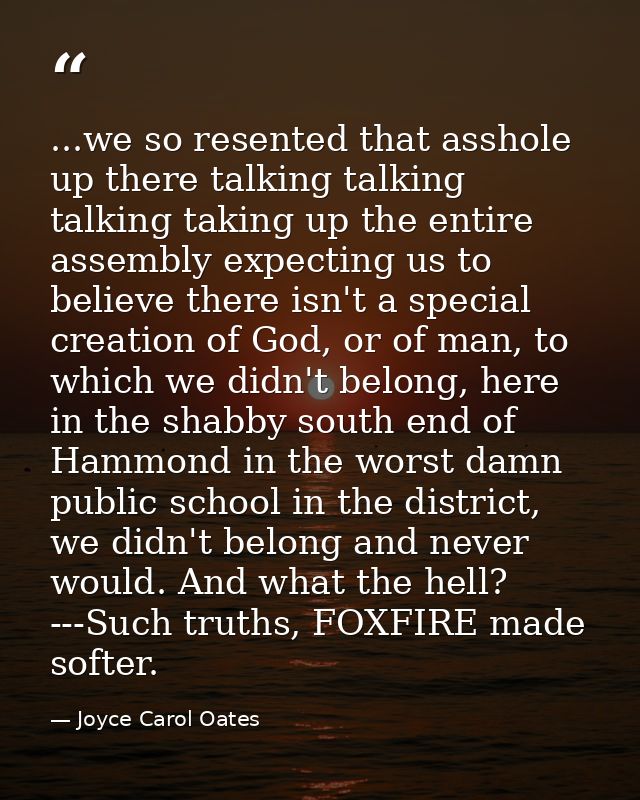 ...we so resented that asshole up there talking talking talking taking up the entire assembly expecting us to believe th — Joyce Carol Oates