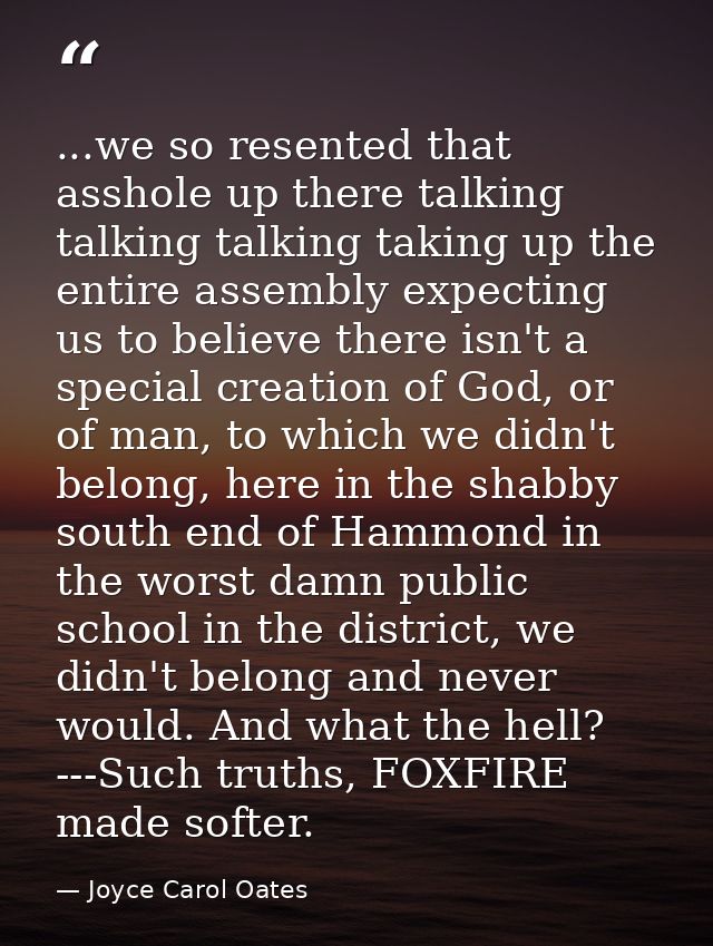 ...we so resented that asshole up there talking talking talking taking up the entire assembly expecting us to believe th — Joyce Carol Oates