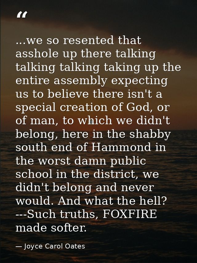...we so resented that asshole up there talking talking talking taking up the entire assembly expecting us to believe th — Joyce Carol Oates