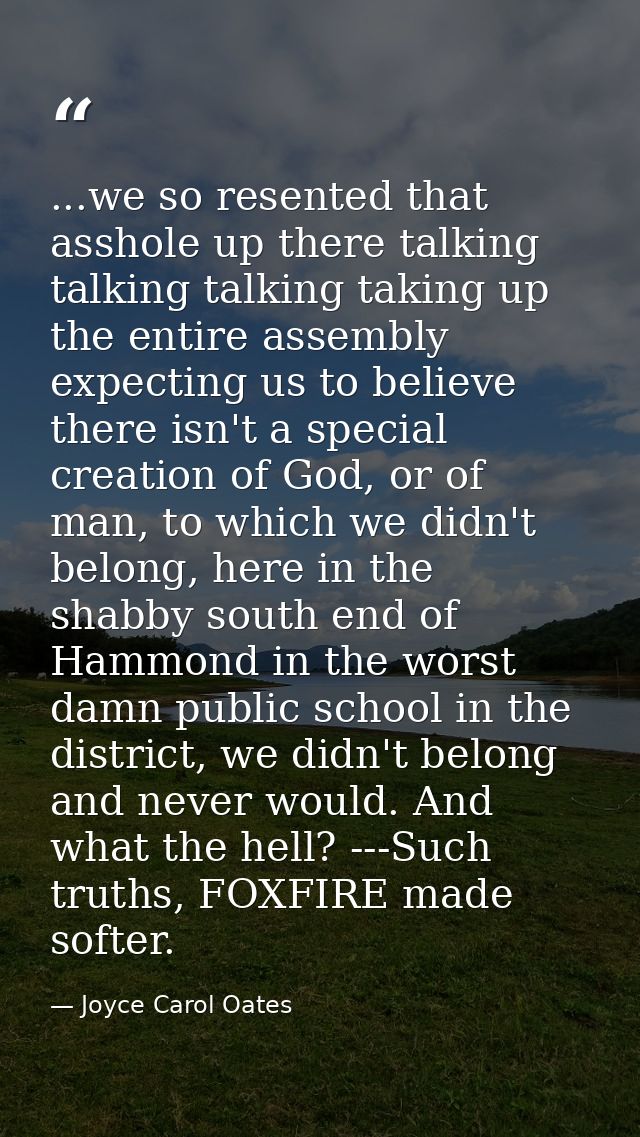 ...we so resented that asshole up there talking talking talking taking up the entire assembly expecting us to believe th — Joyce Carol Oates