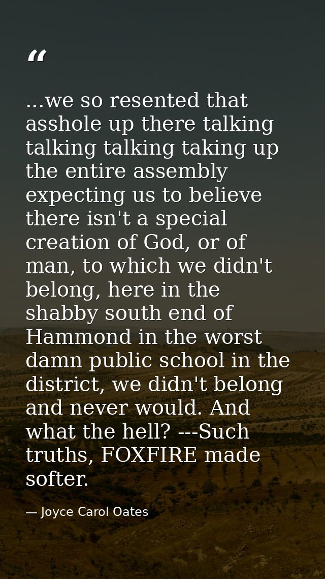 ...we so resented that asshole up there talking talking talking taking up the entire assembly expecting us to believe th — Joyce Carol Oates