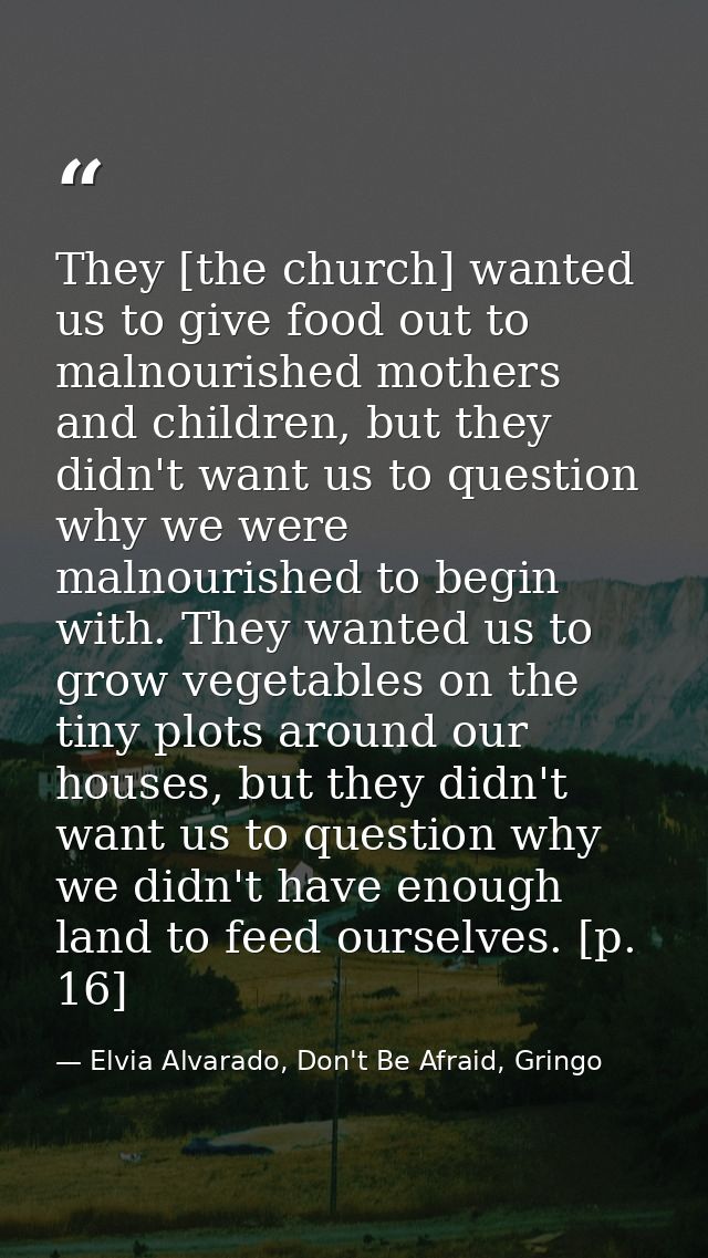 They [the church] wanted us to give food out to malnourished mothers and children, but they didn't want us to question w — Elvia Alvarado, Don't Be Afraid, Gringo