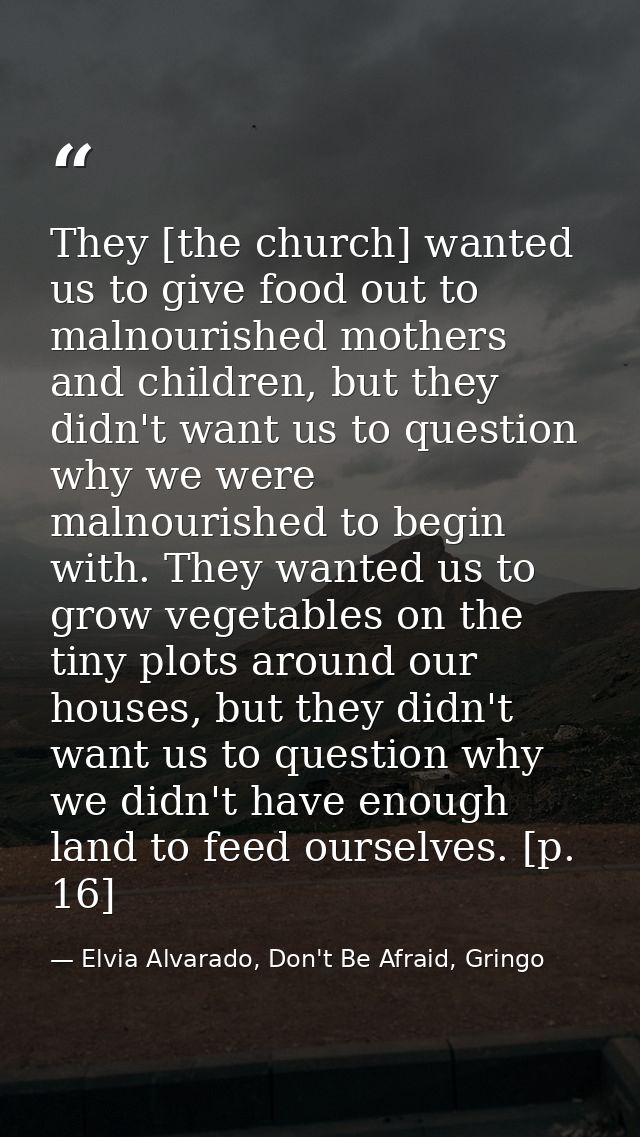 They [the church] wanted us to give food out to malnourished mothers and children, but they didn't want us to question w — Elvia Alvarado, Don't Be Afraid, Gringo