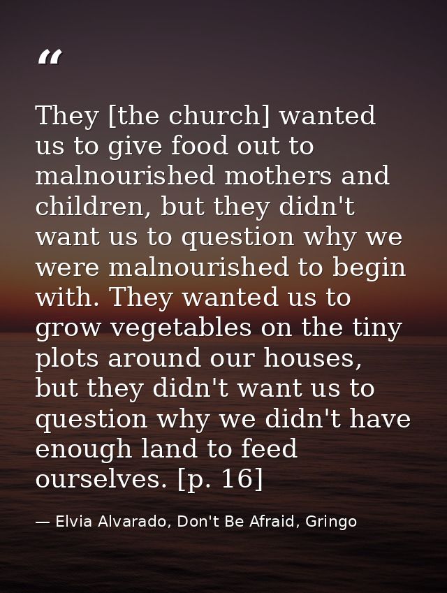 They [the church] wanted us to give food out to malnourished mothers and children, but they didn't want us to question w — Elvia Alvarado, Don't Be Afraid, Gringo