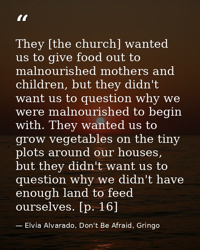 They [the church] wanted us to give food out to malnourished mothers and children, but they didn't want us to question w — Elvia Alvarado, Don't Be Afraid, Gringo