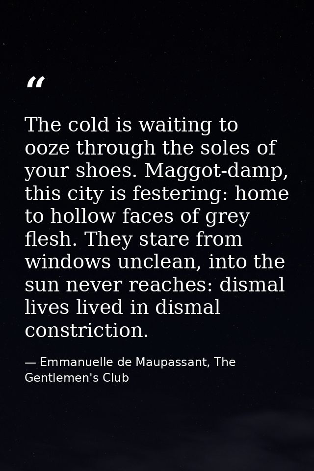 The cold is waiting to ooze through the soles of your shoes. Maggot-damp, this city is festering: home to hollow faces o — Emmanuelle de Maupassant, The Gentlemen's Club