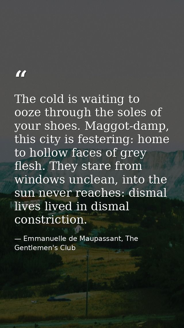 The cold is waiting to ooze through the soles of your shoes. Maggot-damp, this city is festering: home to hollow faces o — Emmanuelle de Maupassant, The Gentlemen's Club