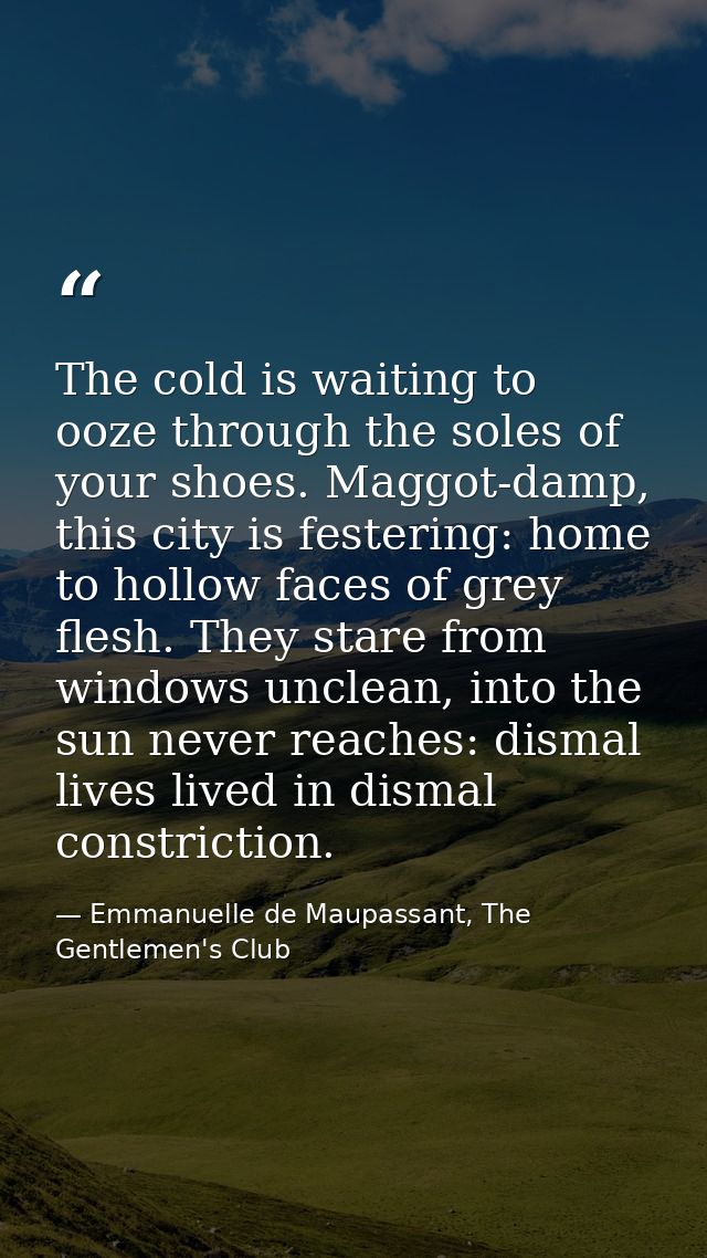 The cold is waiting to ooze through the soles of your shoes. Maggot-damp, this city is festering: home to hollow faces o — Emmanuelle de Maupassant, The Gentlemen's Club