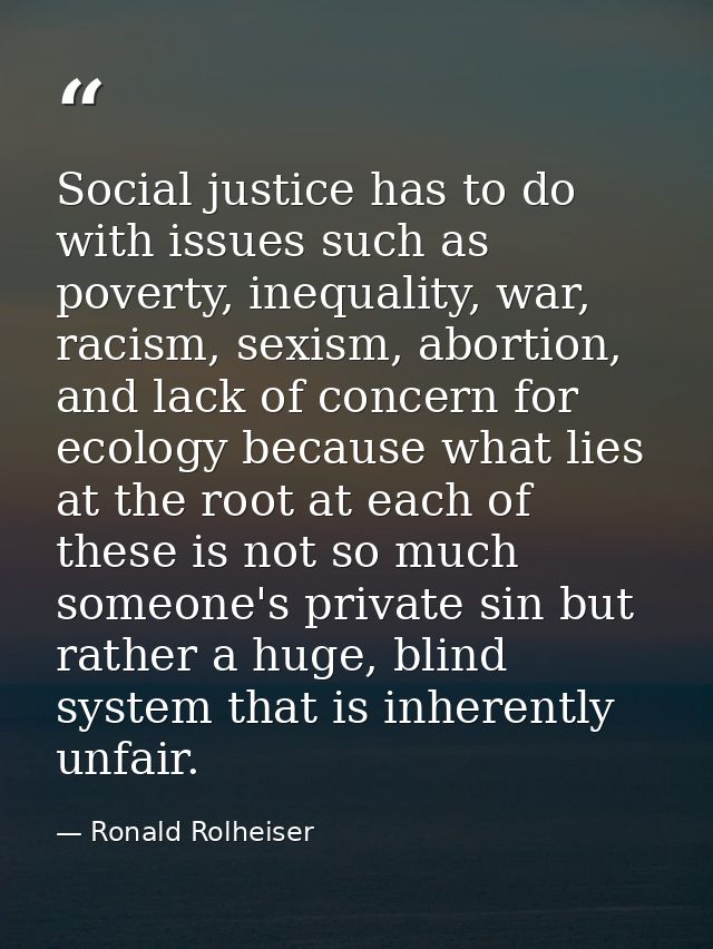 Social justice has to do with issues such as poverty, inequality, war, racism, sexism, abortion, and lack of concern for — Ronald Rolheiser