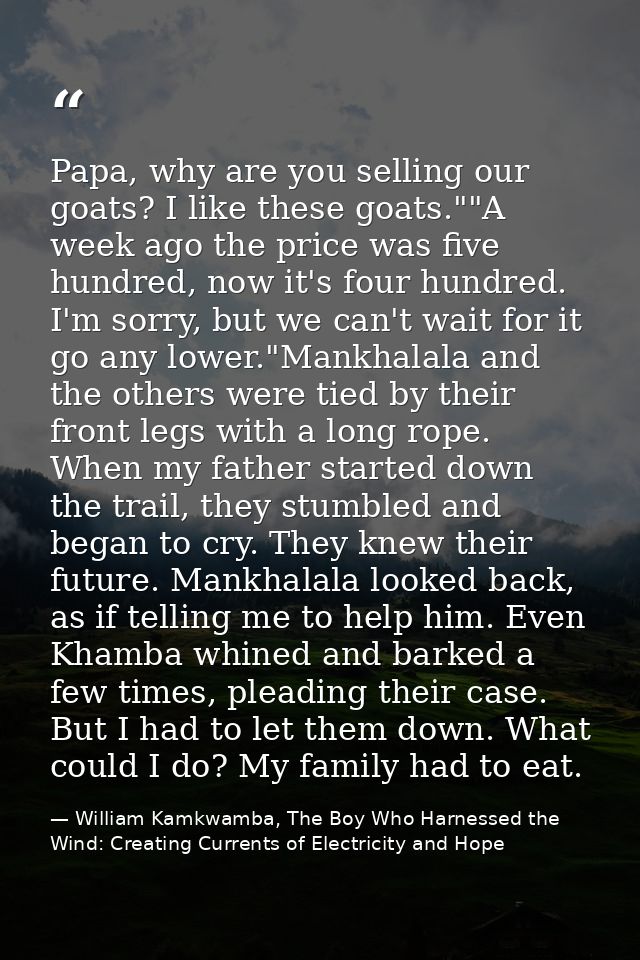 Papa, why are you selling our goats? I like these goats.""A week ago the price was five hundred, now it's four hundred.  — William Kamkwamba, The Boy Who Harnessed the Wind: Creating Currents of Electricity and Hope