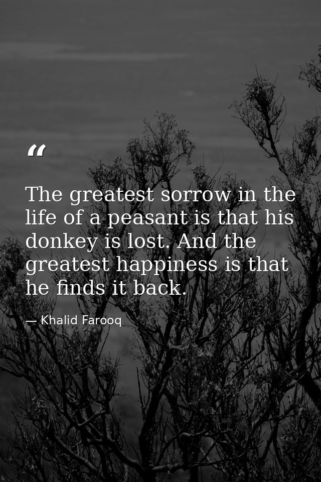The greatest sorrow in the life of a peasant is that his donkey is lost. And the greatest happiness is that he finds it  — Khalid Farooq