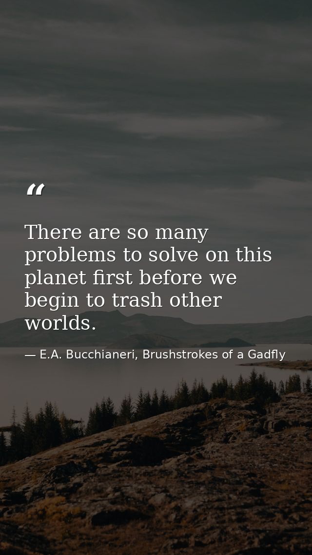 There are so many problems to solve on this planet first before we begin to trash other worlds. — E.A. Bucchianeri, Brushstrokes of a Gadfly
