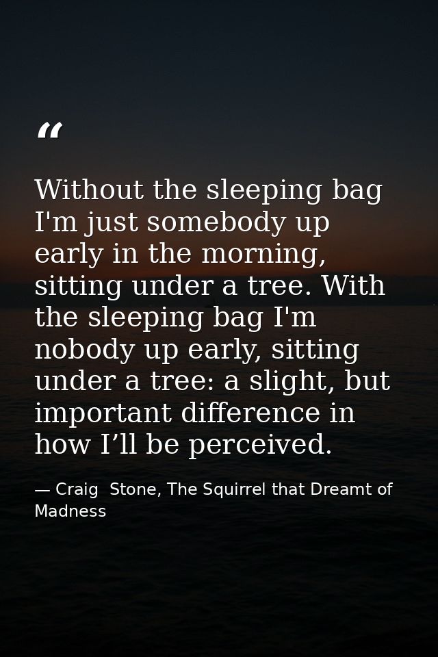 Without the sleeping bag I'm just somebody up early in the morning, sitting under a tree. With the sleeping bag I'm nobo — Craig  Stone, The Squirrel that Dreamt of Madness