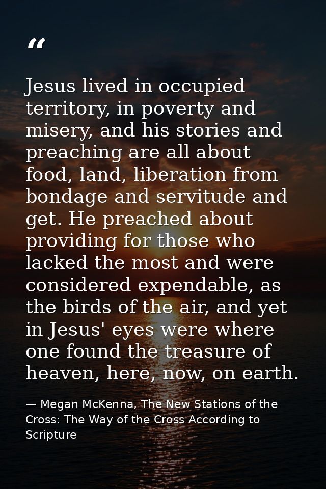 Jesus lived in occupied territory, in poverty and misery, and his stories and preaching are all about food, land, libera — Megan McKenna, The New Stations of the Cross: The Way of the Cross According to Scripture