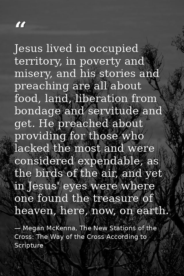 Jesus lived in occupied territory, in poverty and misery, and his stories and preaching are all about food, land, libera — Megan McKenna, The New Stations of the Cross: The Way of the Cross According to Scripture