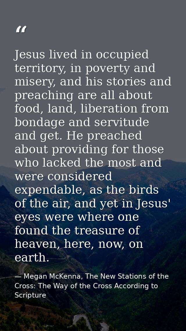 Jesus lived in occupied territory, in poverty and misery, and his stories and preaching are all about food, land, libera — Megan McKenna, The New Stations of the Cross: The Way of the Cross According to Scripture