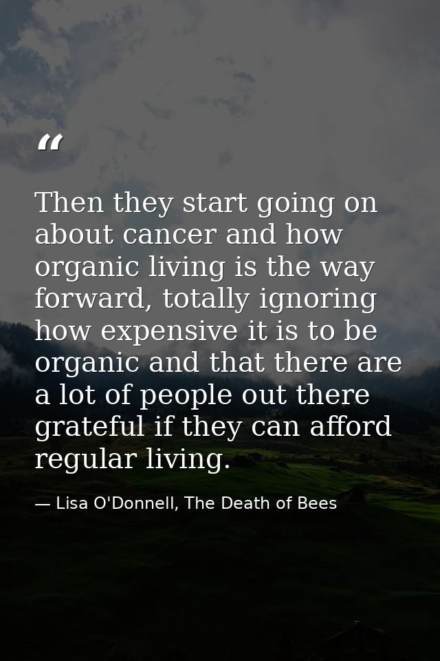 Then they start going on about cancer and how organic living is the way forward, totally ignoring how expensive it is to — Lisa O'Donnell, The Death of Bees