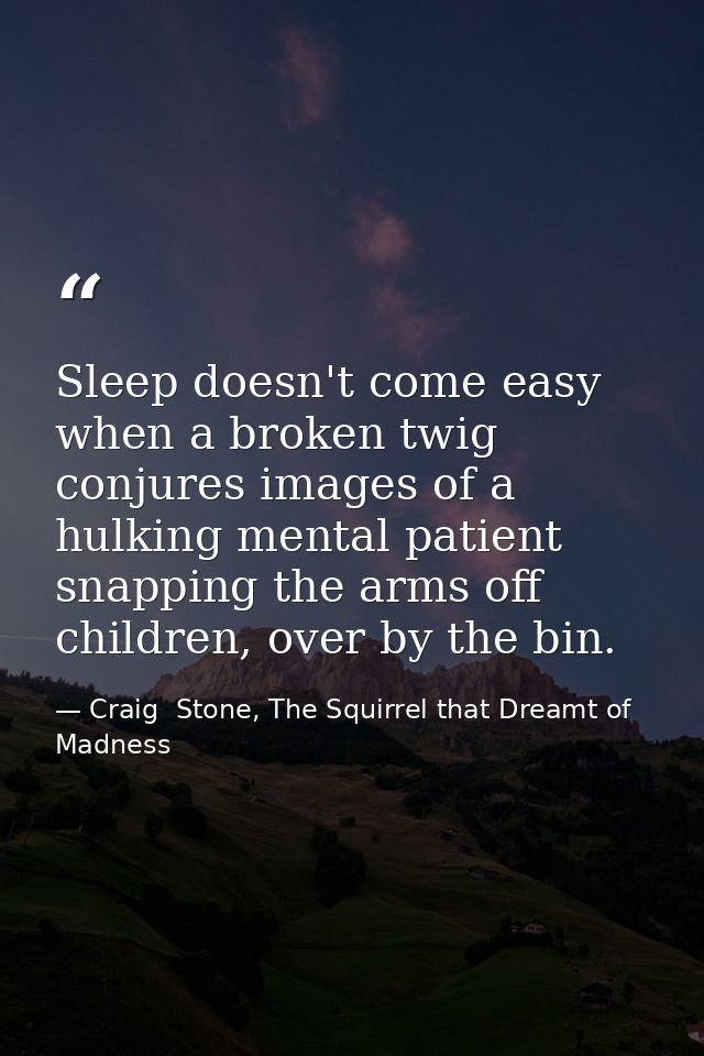 Sleep doesn't come easy when a broken twig conjures images of a hulking mental patient snapping the arms off children, o — Craig  Stone, The Squirrel that Dreamt of Madness