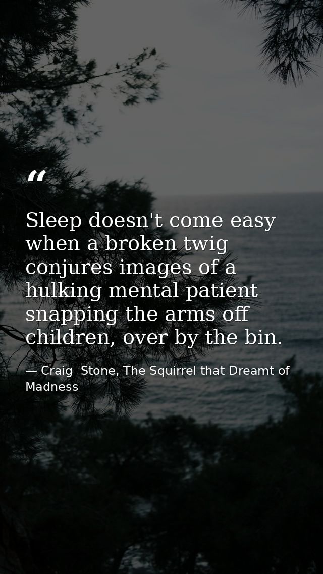 Sleep doesn't come easy when a broken twig conjures images of a hulking mental patient snapping the arms off children, o — Craig  Stone, The Squirrel that Dreamt of Madness