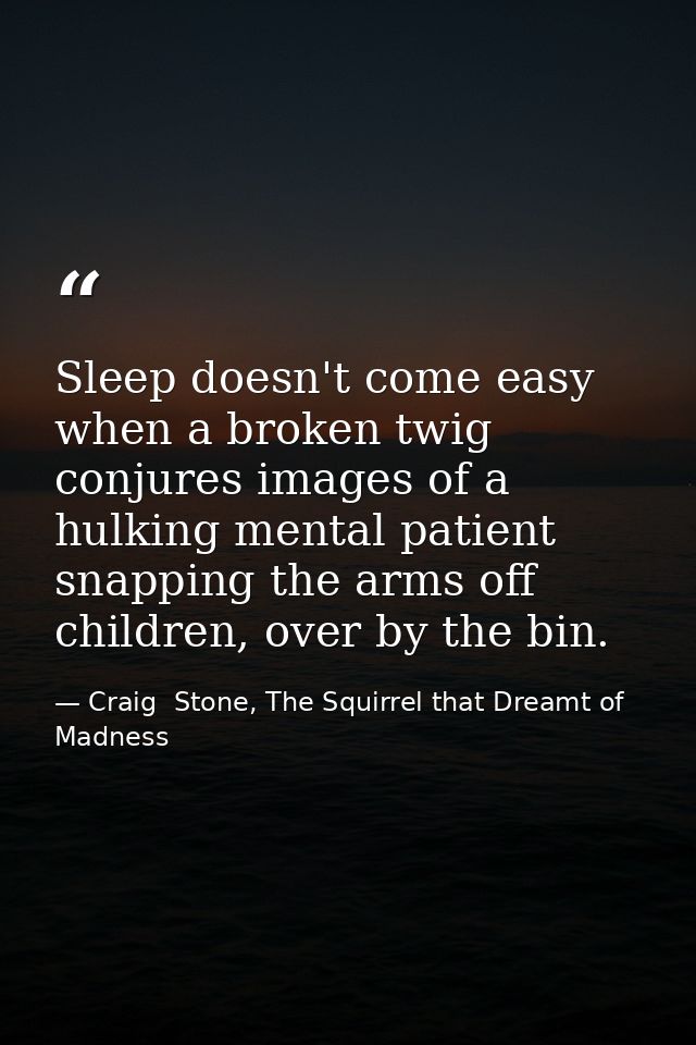 Sleep doesn't come easy when a broken twig conjures images of a hulking mental patient snapping the arms off children, o — Craig  Stone, The Squirrel that Dreamt of Madness