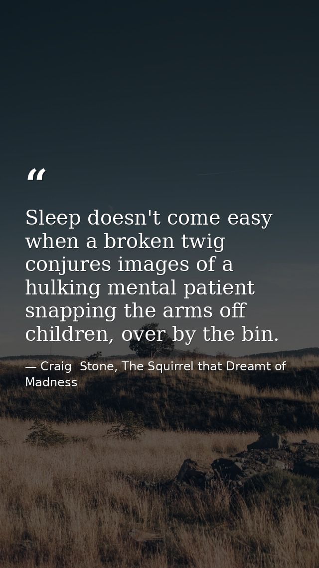 Sleep doesn't come easy when a broken twig conjures images of a hulking mental patient snapping the arms off children, o — Craig  Stone, The Squirrel that Dreamt of Madness