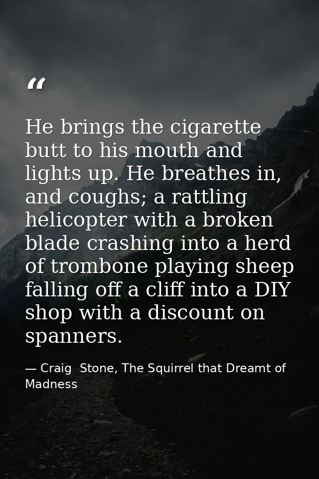 He brings the cigarette butt to his mouth and lights up. He breathes in, and coughs; a rattling helicopter with a broken — Craig  Stone, The Squirrel that Dreamt of Madness