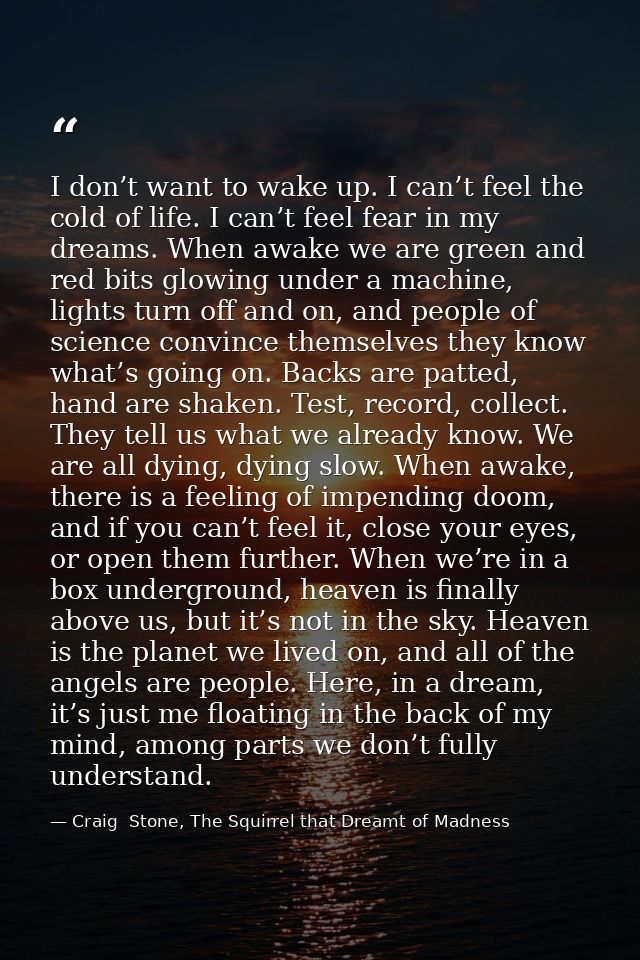I don’t want to wake up. I can’t feel the cold of life. I can’t feel fear in my dreams. When awake we are green and red  — Craig  Stone, The Squirrel that Dreamt of Madness