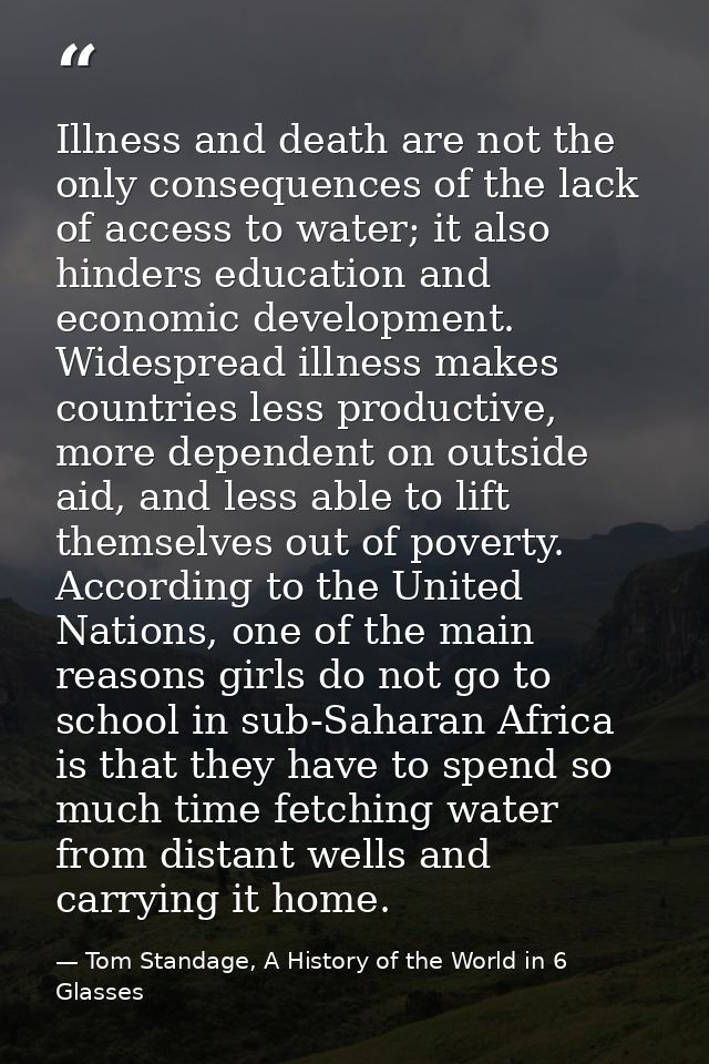 Illness and death are not the only consequences of the lack of access to water; it also hinders education and economic d — Tom Standage, A History of the World in 6 Glasses