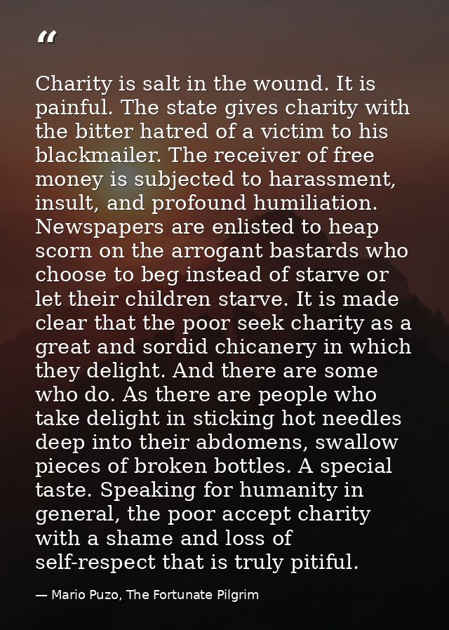 Charity is salt in the wound. It is painful. The state gives charity with the bitter hatred of a victim to his blackmail — Mario Puzo, The Fortunate Pilgrim